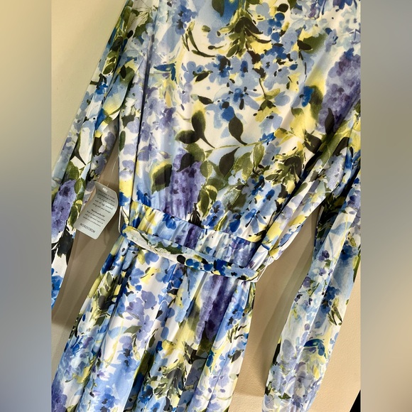 Marina FLORAL‎ LONG SLEEVE FAUX WRAP DRESS Blue Green Chiffon Size 14 Midi NWT - Picture 10 of 14